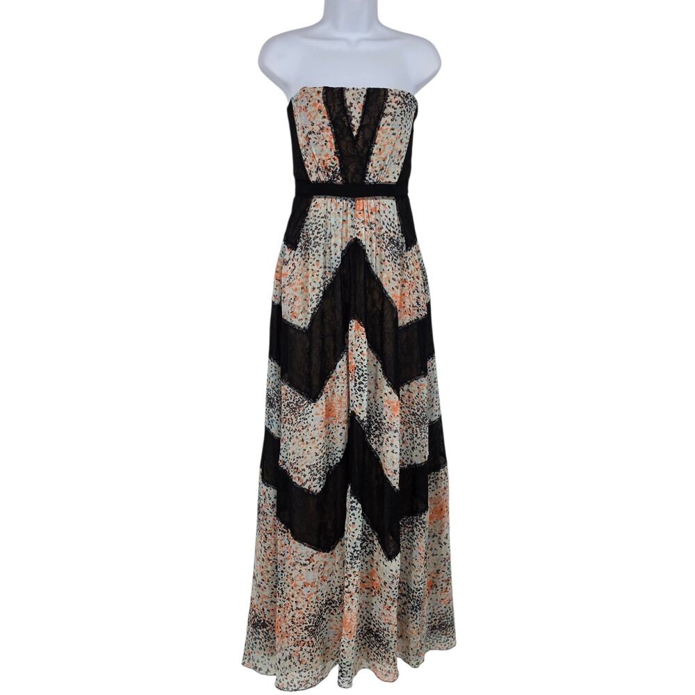 BCBGMAXAZRIA Black Chevron Lace & Spot Print Elle Strapless Maxi Dress Size 2
